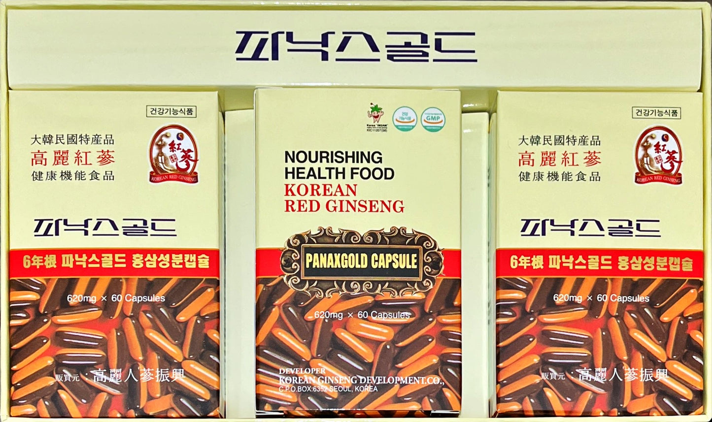 6YEARS KOREAN RED GINSENG PANAX GOLD CAPSULE - SAPONIN GINSENOSIDE NATURAL SUPER FOOD 620mg x 60 Capsules × 3 Box